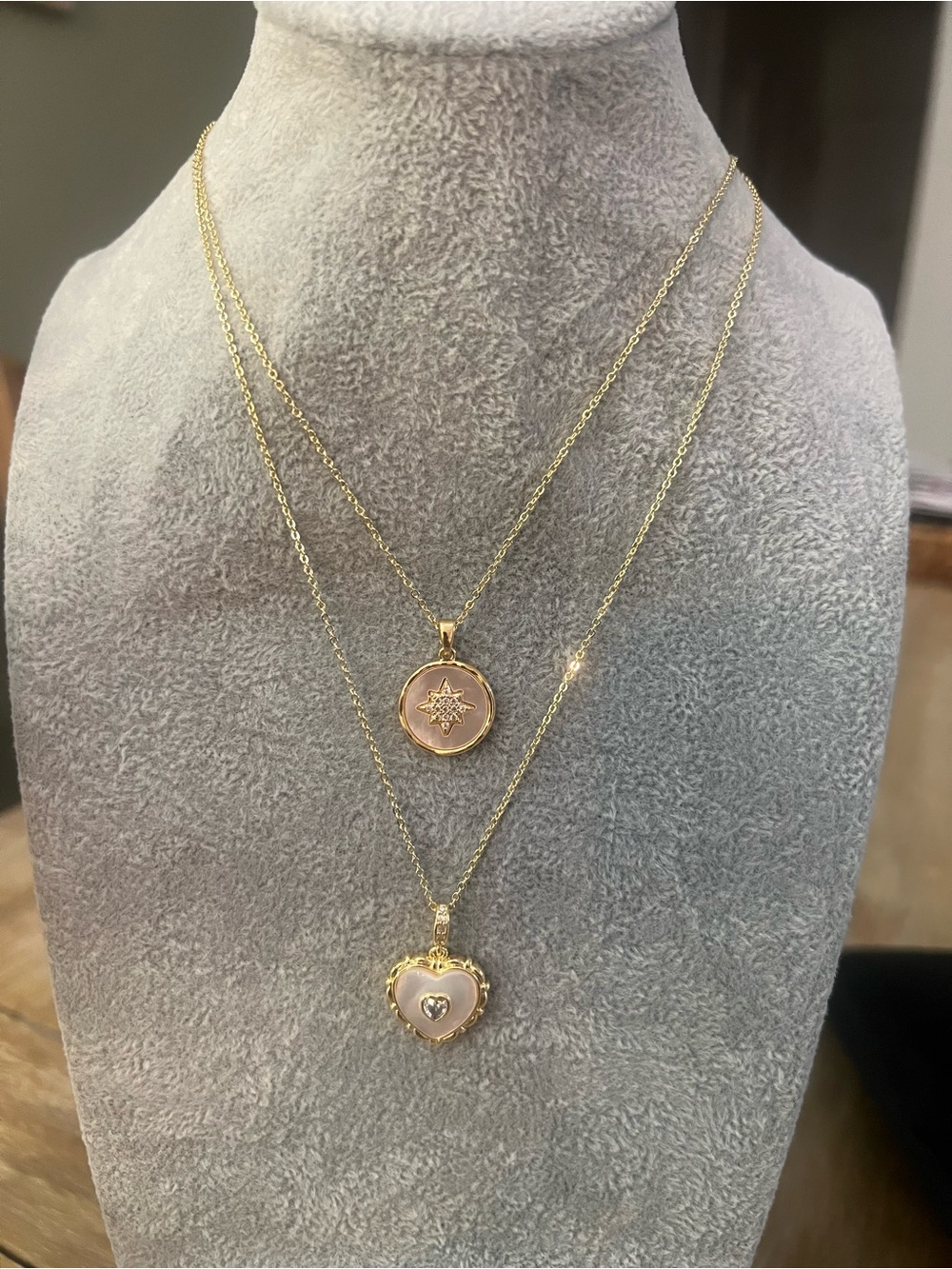 Gold-Tone Double Layer Heart & Star Pendant Necklace - Mother of Pearl